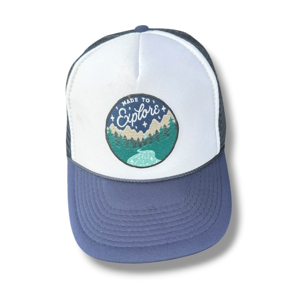 Made To Explore Mountain Patch Trucker Hat Navy Blue White Mesh Snapback Cap